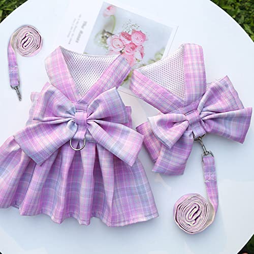 Dog Harness and Leash Set, Cute Bow Tie Plaid Harnesses for Puppy Cat, Adjustable Pet Kitties Vest, Breathable Harness Tra...