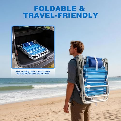 SUNNYFEEL Extra Wide 28" Low Beach Chair 5 Position Lay Flat, XL Oversized Portable Folding Camping Chairs with Cup Holder...