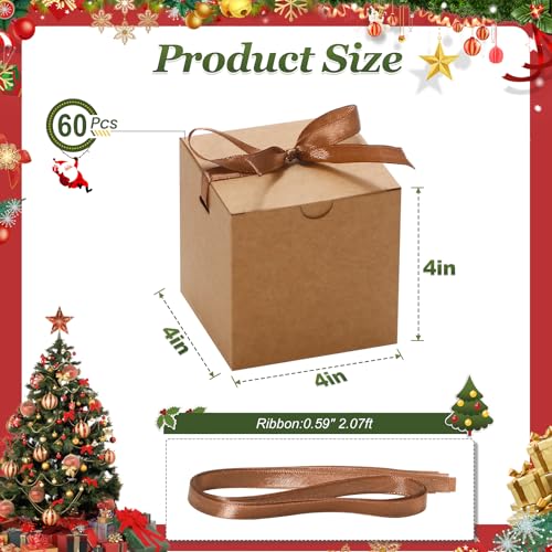 DOYIDE Small Gift Boxes, 60 Pcs 4x4x4 Inch Brown Elegant Paper Box with Ribbons, Party Favor Boxes for Candy Cupcake Chris...