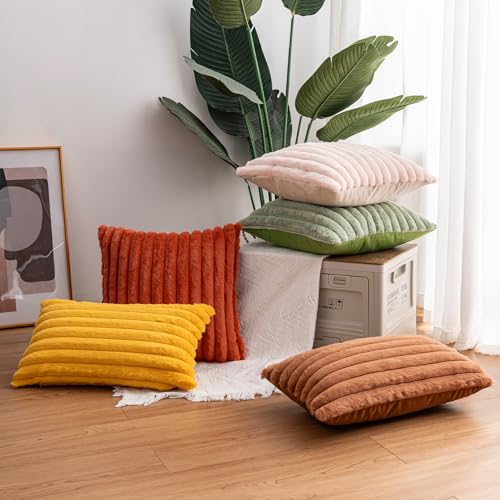 Aegero Pack of 2 Faux Fur Christmas Throw Pillow Covers 18x18 Inch, Soft Plush Striped Neutral Couch Pillow Cover, with Ve...