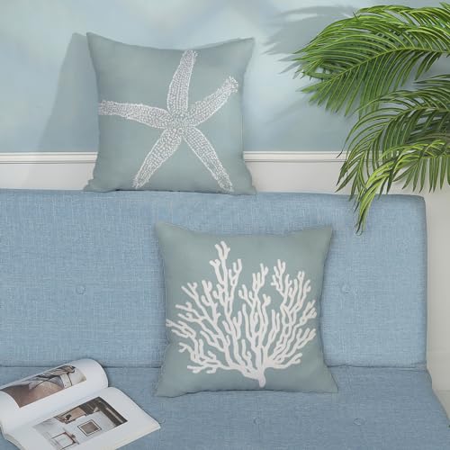 GOLIANDA Coastal Pillow Covers 18x18 Inch Set of 2 Blue Coral Starfish Throw Pillows Nautical Ocean Decorations Summer Lin...