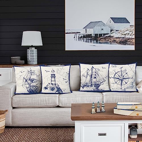 Bonhause Nautical Sailing Throw Pillow Covers 18 x 18 Inch Set of 4 Sailboat Compass Lighthouse Decorative Pillows Case Po...