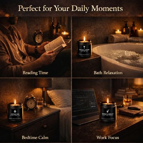 Candles for Men Gift Set, 4 Pack Masculine Scented Soy Candles for Men, Leather, Smoke, Oak & Lavender Scents, Aromatherap...