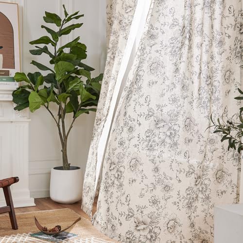jinchan Floral Curtains for Living Room 84 Inch Length Farmhouse Printed Curtain Rod Pocket Back Tab Black Peony Flower Pa...