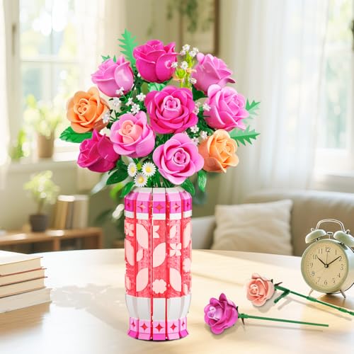 CUBIMANA Romantic Pink Roses Bouquet Building Set with Vase & LED Light- Gifts for Mothers Day - 3.6MM Mini Flowers Buildi...