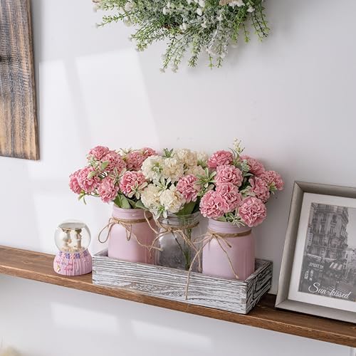 LUEUR 3PCS Artificial Hydrangea Flowers in Mason Jars with Wood Tray for Dining Table Coffee Table Farmhouse Home Decor Ce...