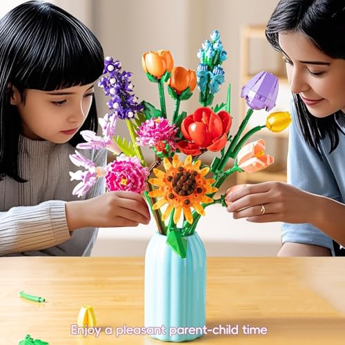 Sawaruita Flowers Bouquet Botanicals Building Blocks Set for Adults - 1006 Pcs Wildflowers with Vase Home Decor Gift Mothe...