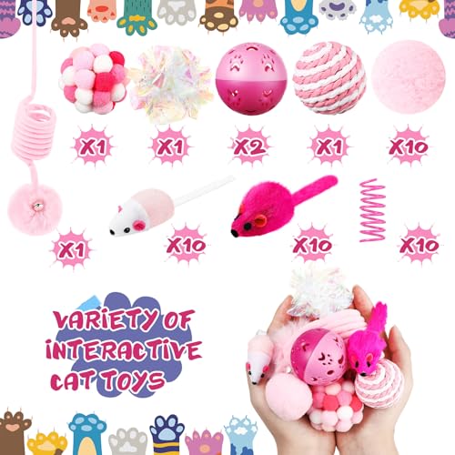 Gemscream 46 Pcs Cat Toys Set Interactive Cute Cat Toys Include Fur Mice Rattle Springs Crinkle Balls Pompom Bell Sisal Ba...