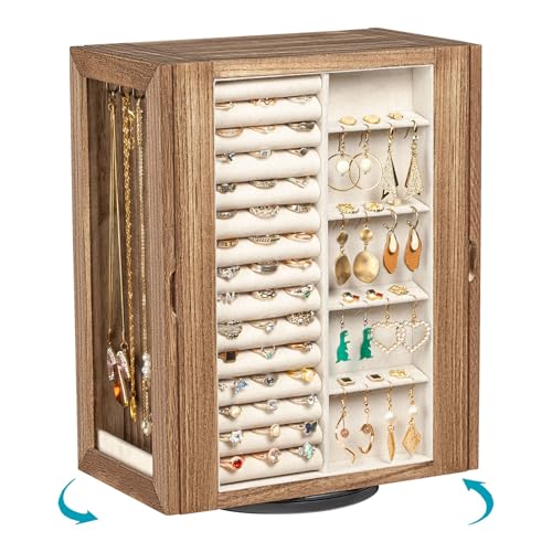 Emfogo 360° Rotating Jewelry Box for Women, Rustic Wooden Jewelry Organizer Box with 5 Drawers, Glass Doors, Vertical Open...