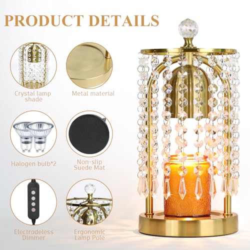 KunruiTAI Gold Candle Warmer Lamp with Timer and Dimmer - Electric Candle Warmer,Crystal Candle Lamp for Bedroom Decor,Fla...