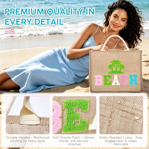 KUIRAN Beach Bag for Women Large Woven Straw Bag with Chenille Letter Patches and Water-resistant Lining, 20L Tote Handbag