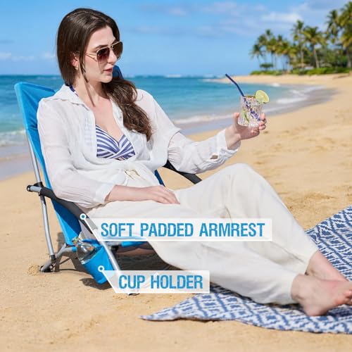 Old Bahama Bay Folding Beach Chair 2 Pack, Beach Chairs for Adults Low Beach Camping Chair with Cup Holder Mesh Back for O...