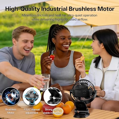 AMORMIYA Portable Clip on Fan, 4000mAh Battery Operated Fan, Max 4.5m/s Strong Airflow, 20H Runtime, Quiet 3 Speed USB Rec...