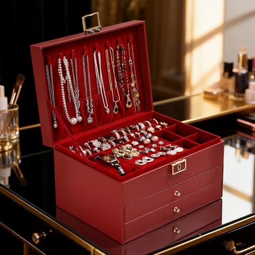 Greenfeather Jewelry Boxes for Women, Jewelry Organizer Box with Lid 3 Layers for Necklaces Rings Earrings and Bracelets B...