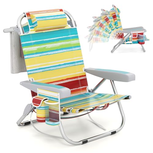 Giantex Backpack Beach Chair, Foldable Camping Chair with 5 Adjustable Position, Cup Holder, Storage Pockets, Straps, Towe...