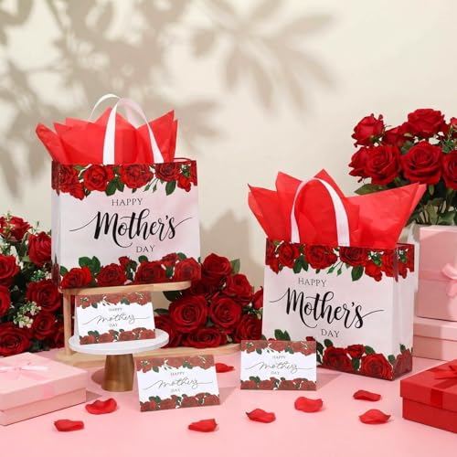 Sinload 24 Sets Large Gifts Bags for Mother's Day 10.6" Rose Flowers Non Woven Fabric Bag with Tissue Papers with Handles ...