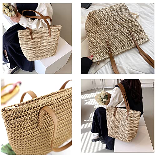 Kehpish Large Straw Shoulder Bag Summer Beach Bag for Women Straw Tote Bag Handbag With Zipper Summer Shoulder Bag