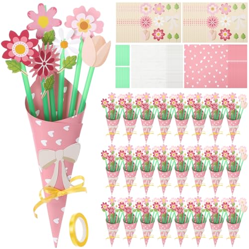 Motipuns 24 Sets Mother's Day DIY Paper Flower Bouquet Craft Kit Bulk for Kids Make Your Own Flower Bouquet DIY Craft Scho...