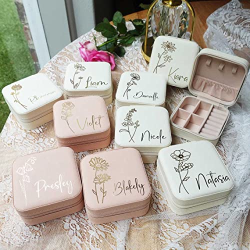 DayOfShe Personalized Travel Jewelry Box with Name and Birth Flower Mothers Day Mom Gifts,Personalized Bridesmaid Gifts fo...