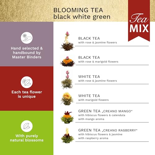 Creano Tea Flowers Mix Golden Gift Set Blooming Tea with Glass Teapot White, Green & Black Tea in 6 Varieties Tea Flower B...