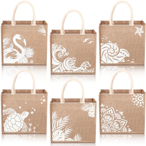 Coume 6 Pack Beach Burlap Tote Bags Bulk Large Beach Jute Tote Bag with Handles 14.2" x 12.6" x 7.5" for DIY Bridesmaid Gi...