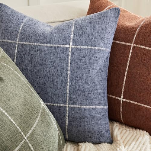 YZJZEDS 2 Packs Grid Embroidery Throw Pillow Covers, 20x20 Inch Navy Blue, Farmhouse Linen Decorative Navy Blue Cushion Co...