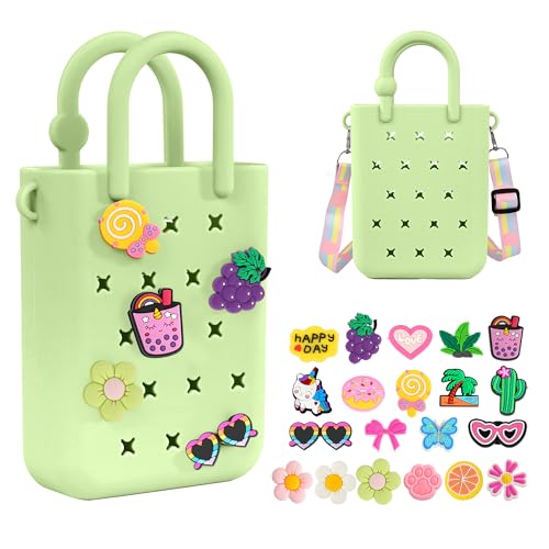 Silicone Small Rubber Beach Bag with 20 Charms, Hole Handbag With Adjustable Shoulder Strap, Girls and Woman