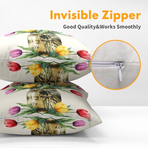 Anyako Spring Summer Colorful Flowers Throw Pillow Covers 18X18 Inches Set of 2 Tulip Floral Mason Jar Pillowcase Soft Cot...