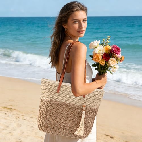 iSamzan Straw Tote Bag for Women: Handwoven Beach Purse with Cutout Design for Travel & Pool Day | Lightweight, Shopping, ...