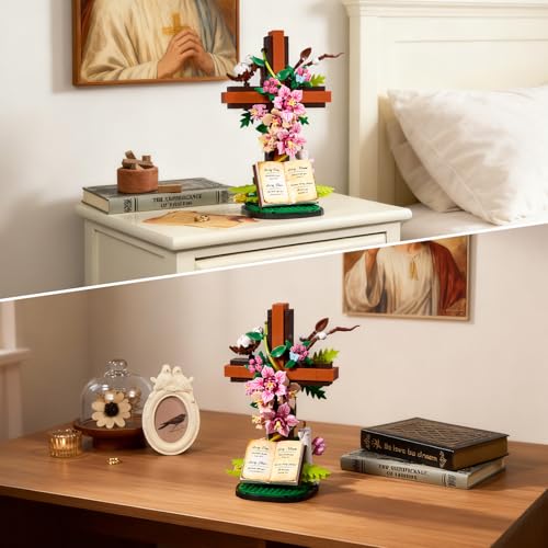 Jesus Cross Flower Building Set, Religious Cross Collectibles Compatible with Lego Jesus Catholic Building Toys, Easter, C...