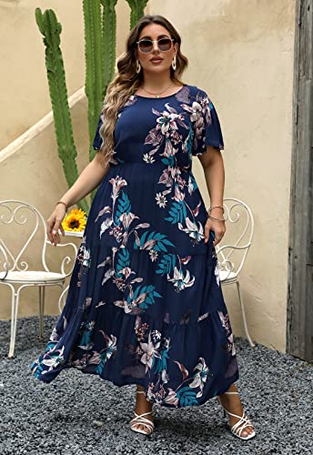 Nemidor Plus Size Maxi Dresses for Curvy Women Summer Casual Boho Ditsy Floral Print Layered Flared Long Dress with Pocket