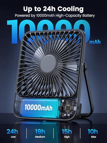 Warmco 10000mAh Portable Travel Fan 7-inch, Max 24H Runtime, Ultra-thin Quiet Rechargeable Battery Operated Desk Fan with ...