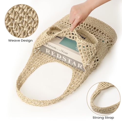 Pleneal Beach Bags for Women - Women Beach Tote Bag, Summer Mesh Hollow Straw Tote Bag for Holiday Market