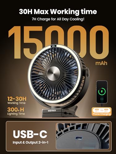 Warmco 15000mAh Portable Clip on Fan Rechargeable, 8 Inch Battery Powered Desk Fan, LED Lantern & Hook, 360° Rotate & 4 Sp...