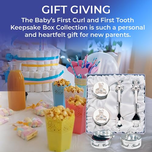 Baby’s First Curl and First Tooth Keepsake Box Collection | Adorable Teddy Bear Designs | Charming Gift | Satin-Lined Whit...