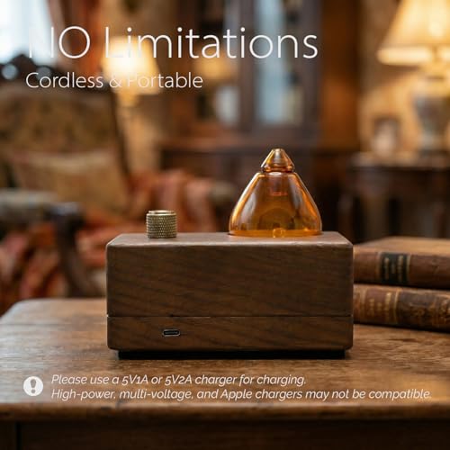 Amber Premium Glass Essential Oil Diffuser with Handmade Wood Base for Aromatherapy, Retro Waterless Scent Diffuser with C...