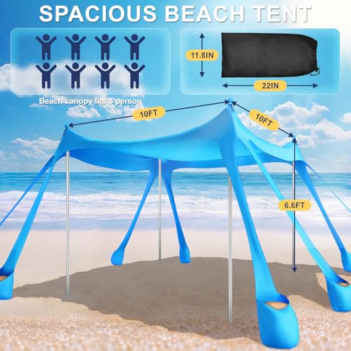 Beach Tent Sun Shelter UPF 50+,10x10 FT Beach Canopy Tent Sun Shade,Pop Up Beach Canopy with 8 Sandbags, Outdoor Beach Sha...