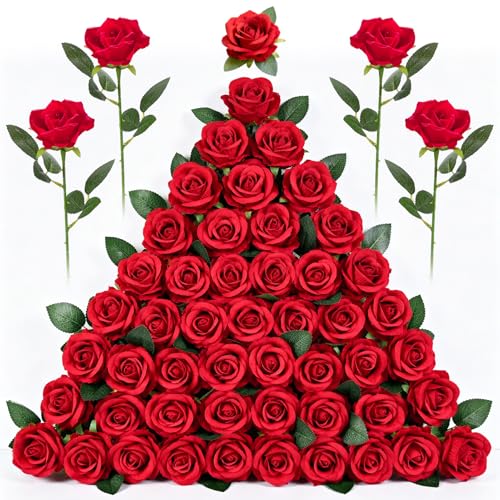 Yimomoyi Fake Red Roses Set, 50 PCS Artificial Flowers Bulk, Realistic Silk Faux Rose with Stems, for Wedding Decoration, ...