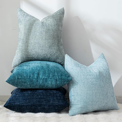 Cushonix Pack of 4 Throw Pillow Covers 18x18 inch Blue Series Boho Cushion Covers Decorative Farmhouse Pillow Covers for C...