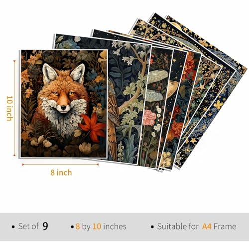 Morris Wall Paintings poster Set of 9, Vintage Rabbit Fox Starry Sky Bee Butterfly Dragonfly Poster Prints, Botanical Natu...