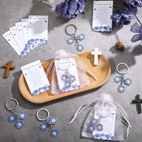 Landical 25 Set Funeral Favors for Guests Forget Me Not Flower Keychain Forget Me Not Poem Cards with Organza Bags Celebra...