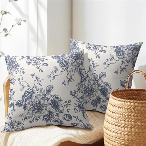 Vintage Floral Pillow Covers 20x20 Inch Set of 2 Navy Blue and Cream Floral Throw Pillow Covers Chinoiserie Flower Pillowc...