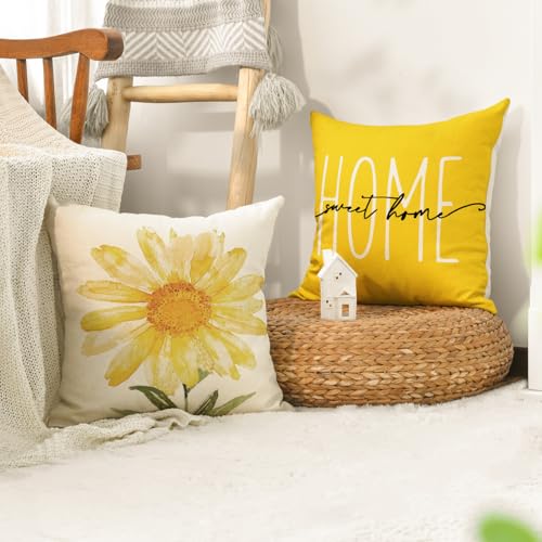 AVOIN colorlife Home Sweet Home Spring Summer Flowers Yellow Throw Pillow Covers, 18 x 18 Inch Cushion Case for Sofa Couch...