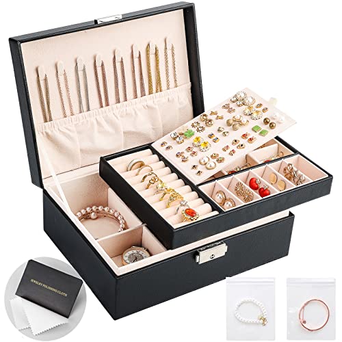 Sanikeon Jewelry Boxes for Women Girls 2 Layers leather Jewelry Organizer Case with Lock Storage Box Removable Tray for Ne...