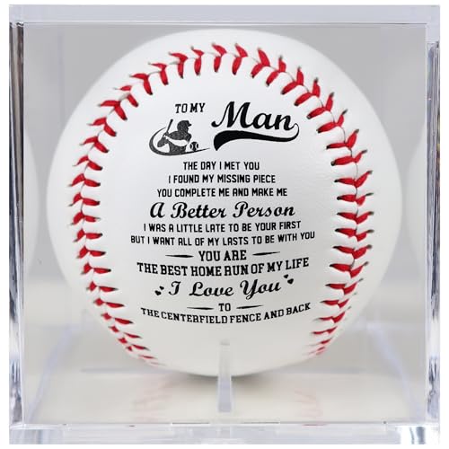 SYNGUCK Engraved Baseball Gift for Husband - You Complete Me Romantic Message - Clear Acrylic Display Case - Wedding, Anni...