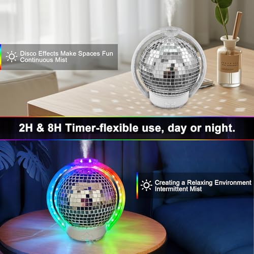 Rotating Disco Ball Diffuser, Mirror Ball Cute Diffuser with RGB Color Night Light, 2Timer Seting & 3 Light Mode Mirror Es...