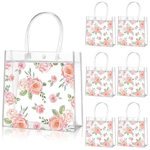 Aliceset 20 Pcs Mother's Day Clear Floral Gift Bags with Handles Flower Rose Party Goodie PVC Treat Bags for Tea Party Bab...