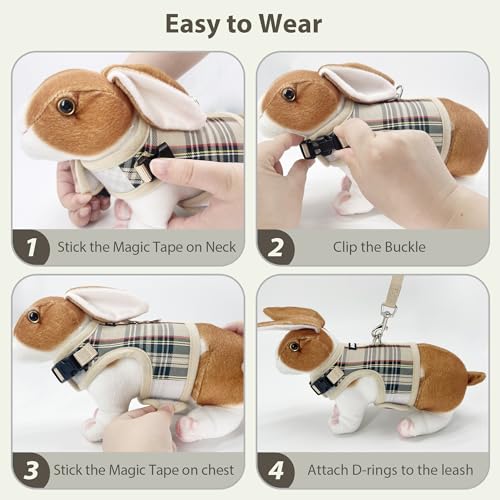AIITLE Adjustable Bunny Harness & Leash Set - Soft Mesh Liner, Comfort Fit Plaid Pattern Vest with Magic Tape Design, Port...