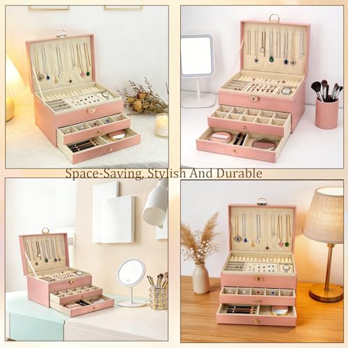 SRYTCYDA SRTCYDA Jewelry Box for Women, Large PU Leather jewelry organizers and storage, 3-Layer Jewelry Storage with 2 Dr...