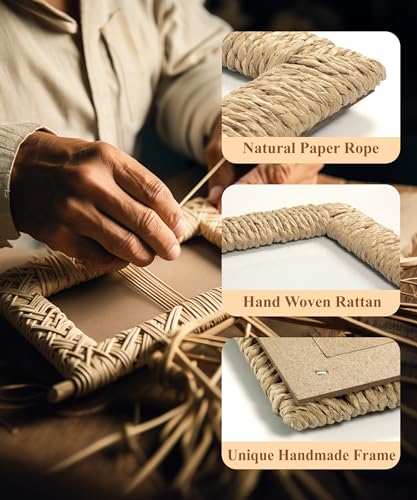 takfot Boho 5x7 Picture Frame, Natural Boho Rattan Photo Frame with Real Glass Paper Rope for Wall and Tabletop Display Gi...